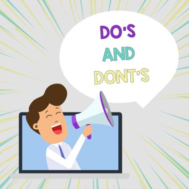 Do S Ve Dont S Is. İş fotoğraf metin danışmanlık Kuralları veya bazı faaliyet Man Loudhailer Bubble Içine Laptop aracılığıyla Konuşan ilgili gösteren Kavramsal el yazma.
