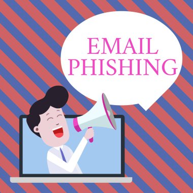 El yazısı metin yazma E-posta Phishing. Kavramı Loudhailer Boş Konuşma Bubble Announce içine Laptop aracılığıyla malware Man Speaking dağıtmak web sitelerine bağlantı olabilir E-postalar anlamı.