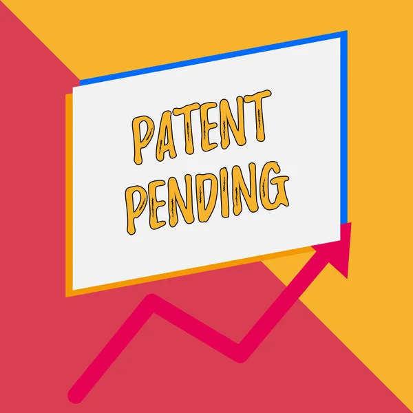 Conceptual hand writing showing Patent Pending. Business photo showcasing Request already filed but not yet granted Pursuing protection Blank rectangle above another arrow zigzag upwards sale. — Stock Photo, Image