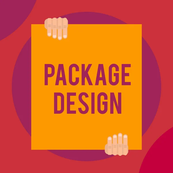 Word writing text Package Design. Business concept for Strategy in creating unique product wrapping or container Two hands holding big blank rectangle up down Geometrical background design. — Stock Photo, Image