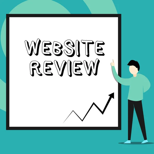 Conceptual hand writing showing Website Review (en inglés). Texto de la foto del negocio Comentarios que se pueden publicar sobre empresas y servicios Hombre de pie apuntando hacia arriba rectángulo en blanco Fondo geométrico . — Foto de Stock