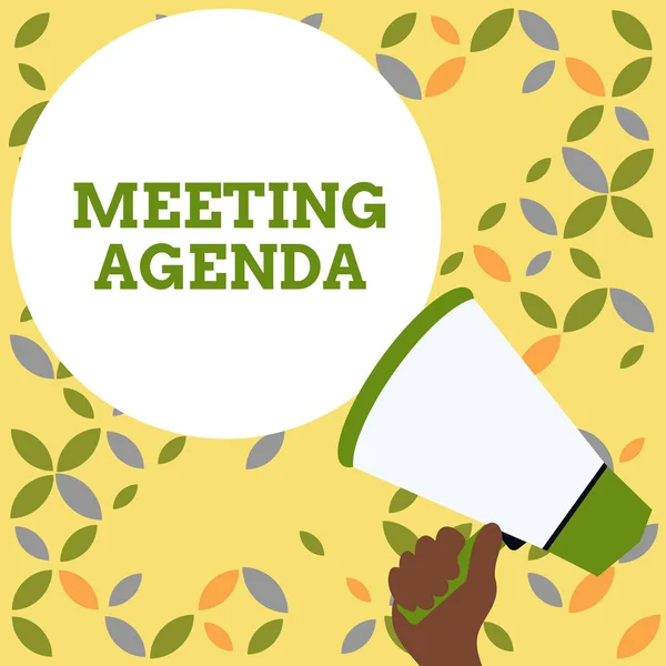 Word writing text Meeting Agenda. Business concept for An agenda sets clear expectations for what needs to a meeting Hand Holding Loudhailer Empty Round Speech Text Balloon Announcement New.