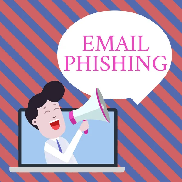 Escribir texto a mano Email Phishing. Concepto que significa correos electrónicos que pueden enlazar a sitios web que distribuyen malware Man Speaking Through Laptop en Loudhailer Blank Speech Bubble Announce . — Foto de Stock