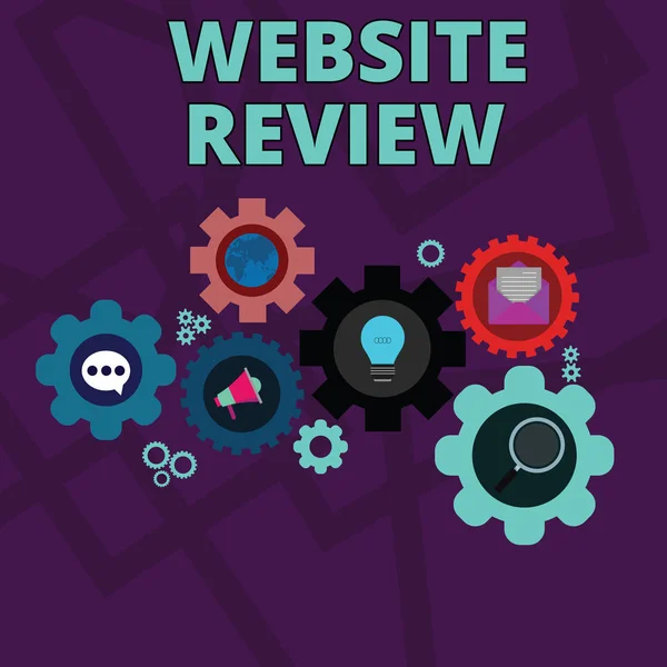 Word writing text Website Review. Business concept for Reviews that can be posted about businesses and services Set of Global Online Social Networking Icons Inside Colorful Cog Wheel Gear.