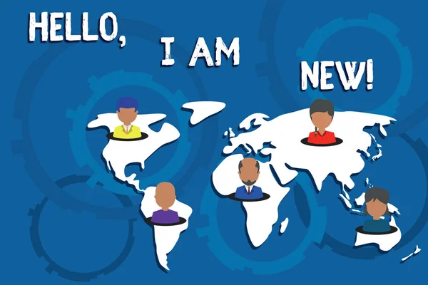 Escribiendo nota que muestra Hello I Am New. Muestra de fotos de negocios utilizada como saludo o para iniciar una conversación telefónica Conexión personas multiétnicas todos los negocios globales mapa de la tierra . — Foto de Stock