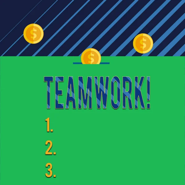 Text sign showing Teamwork. Conceptual photo combined action of group especially when effective and efficient Three gold spherical coins value thousand dollars one bounce to piggy bank.