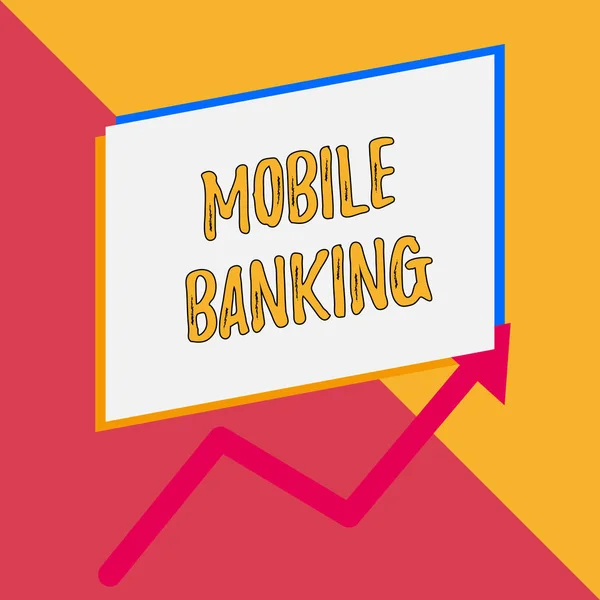 Conceptual hand writing showing Mobile Banking. Business photo showcasing Monitoring account balances Transferring funds Bill payment Blank rectangle above another arrow zigzag upwards sale. — Stock Photo, Image