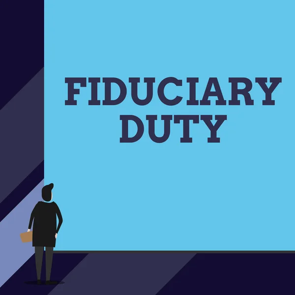 Handwriting text Fiduciary Duty. Concept meaning A legal obligation to act in the best interest of other Back view young woman watching blank big rectangle. Geometrical background.