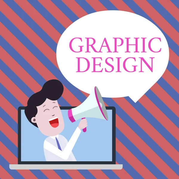 Handstil text handstil grafisk design. Begrepp som betyder konst eller skicklighet att kombinera text och bilder i annonser man talar genom laptop i loudhailer tom pratbubbla tillkännage. — Stockfoto