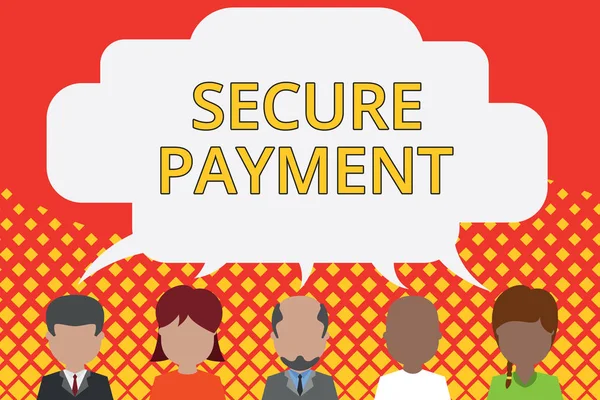 Word writing text Secure Payment. Business concept for Security of Payment refers to ensure of paid even in dispute Five different races persons sharing blank speech bubble. People talking.