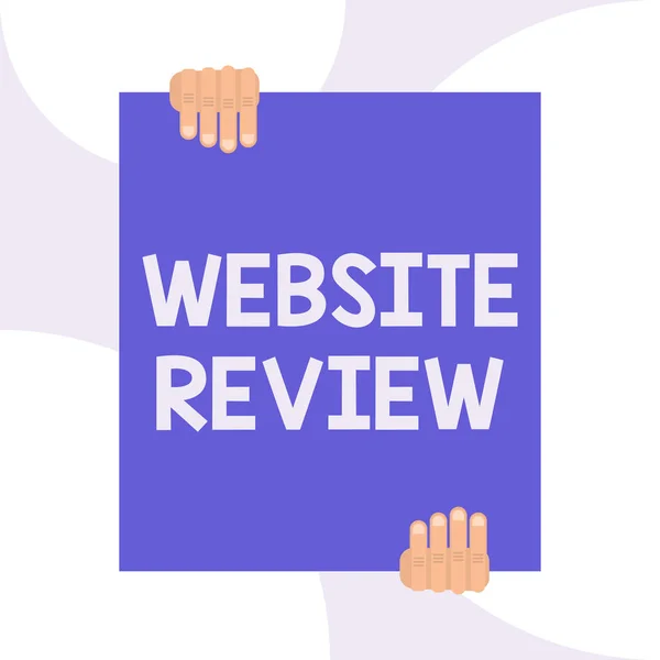 Handgeschreven tekst schrijven website review. Concept betekenis beoordelingen die kunnen worden gepost over bedrijven en diensten twee handen houden grote lege rechthoek omhoog naar beneden geometrische achtergrond ontwerp. — Stockfoto