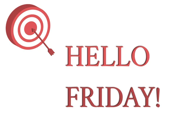 Woord tekst schrijven Hello Friday. Business concept voor u dit zeggen voor wensen en hopen nog een goede mooie week Dart bord in cirkel concentrische stijl met pijl raken Center Bulls Eye. — Stockfoto