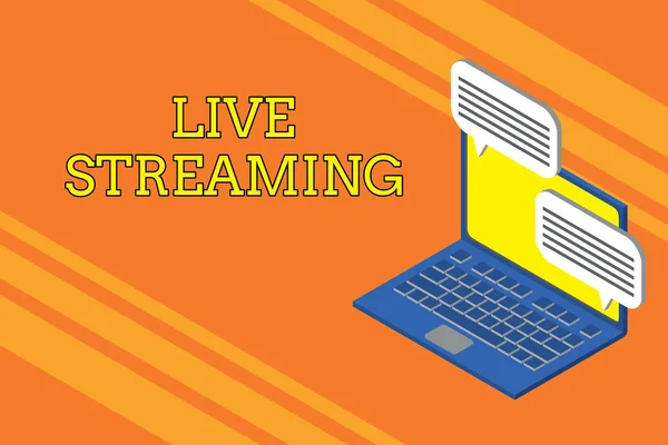 Handwriting text writing Live Streaming. Concept meaning Transmit live video coverage of an event over the Internet Laptop receiving sending information conversation texting internet wireless.