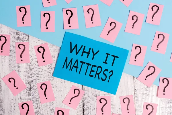 Word writing text Why It Matters Question. Business concept for most important thing to be done when involved in situation Scribbled and crumbling papers with thick cardboard above wooden table.