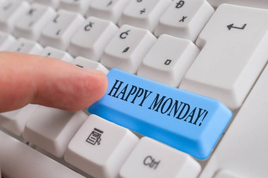 El yazısı metin yazarak Happy Monday. Kavramı beyaz arka plan tuşu kopya alanı üzerinde boş not kağıdı ile ona büyük yeni hafta Beyaz pc klavye dilemek için sipariş gösteren söylüyorum.