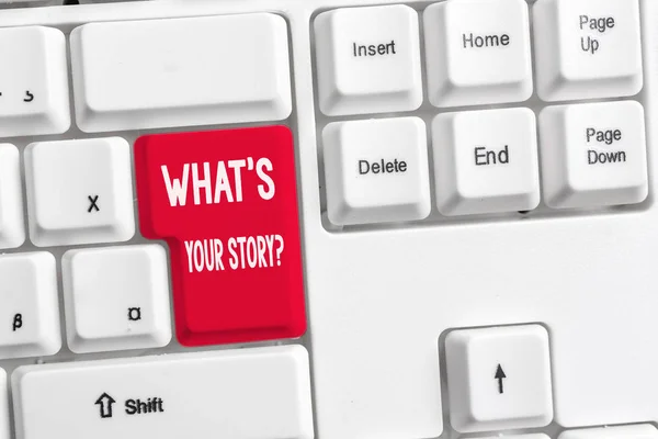 Word writing text What S Your Story Question. Business concept for asking demonstrating about his past life actions events White pc keyboard with empty note paper above white background key copy space