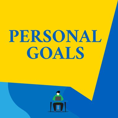 Kişisel Hedefleri gösteren not yazma. İş fotoğraf showcasing Hedef onun çabalarını etkilemek için bir gösteri tarafından belirlenen Motivasyon Genç adam oturma sandalye masası açık dizüstü geometrik arka plan çalışma.