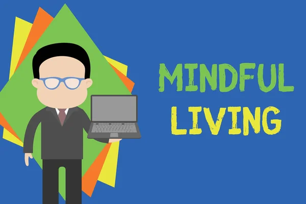 Text sign showing Mindful Living. Conceptual photo Fully aware and engaged on something Conscious and Sensible Standing man in suit wearing eyeglasses holding open laptop photo Art.