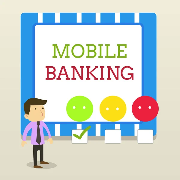 Word writing text Mobile Banking. Business concept for Monitoring account balances Transferring funds Bill payment White Male Questionnaire Survey Choice Checklist Satisfaction Green Tick. — Stock Photo, Image