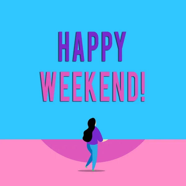 Handgeschreven tekst schrijven Happy weekend. Concept betekenis iets leuk is gebeurd of ze voelen zich tevreden met het leven lange kapsel vrouw stand met een been opgeheven in achteruitkijk positie. — Stockfoto