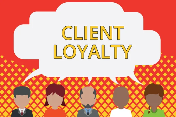 Word writing text Client Loyalty. Business concept for The result of consistently positive satisfaction to clients Five different races persons sharing blank speech bubble. People talking.