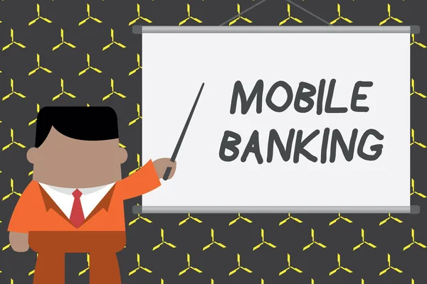 Text sign showing Mobile Banking. Conceptual photo Monitoring account balances Transferring funds Bill payment Businessman standing in front projector screen pointing project idea.