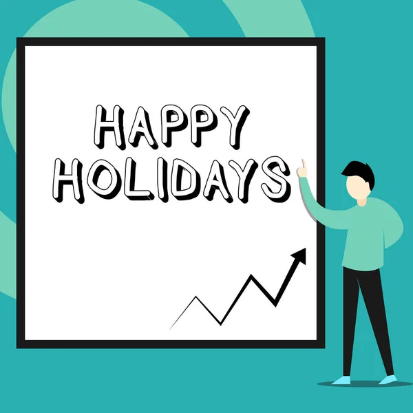 Konceptuell handskrift som visar Happy Holidays. Affärs foto text gjorde en kort resa genom en grupp av visar för Pleasure man stående pekar upp blank rektangel geometrisk bakgrund. — Stockfoto