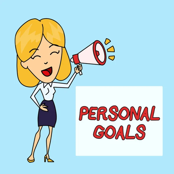 Writing note showing Personal Goals. Business photo showcasing Target set by a demonstrating to influence his efforts Motivation Young Woman Speaking in Blowhorn Colored Backgdrop Text Box.