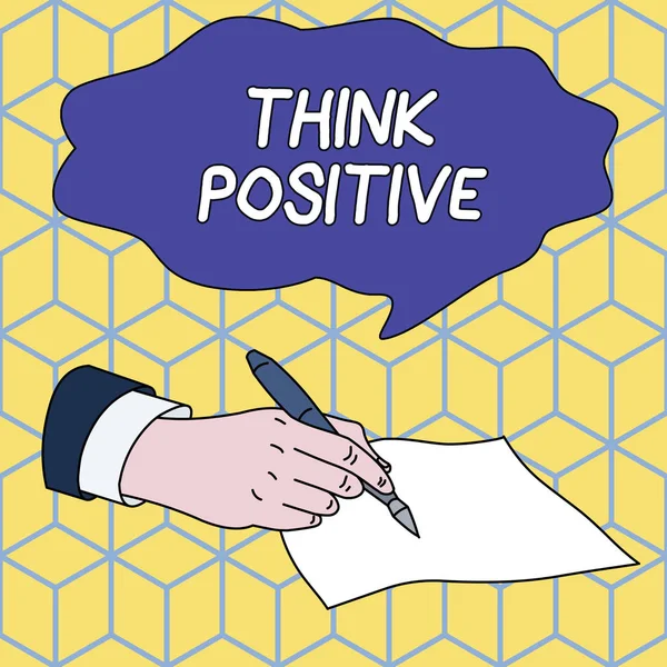 Text sign showing Think Positive. Conceptual photo The tendency to be positive or optimistic in attitude Male Hand Formal Suit Holding Ballpoint Pen Blank Piece of Paper Writing. — Stock Photo, Image