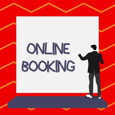 Kelime yazma metni Online Rezervasyon. Internet üzerinden Rezervasyon için İş konsepti Otel konaklama Uçak bileti Kısa saç olgunlaşmamış genç adam dikdörtgen büyük boş tahta önünde durmak.