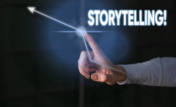Konzeptionelle Handschrift, die Storytelling zeigt. Geschäftsfoto, das Aktivitäten zeigt, die Geschichten schreiben, um sie vor der Öffentlichkeit zu veröffentlichen, und die handblaue futuristische moderne Technologie präsentiert. — Stockfoto