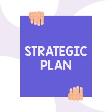 Stratejik Plan yazma metin yazma. Kavram anlamı Strateji tanımlama ve karar verme süreci Geometrik arka plan tasarımında büyük boş dikdörtgen tutan iki el.
