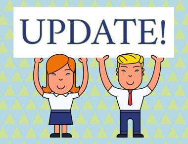 Güncelleştirme'yi gösteren metin işareti. Kavramsal fotoğraf yazılım programı iki gülümseyen insanlar iki elile Büyük Boş Poster Board Head holding gibi bir şey daha modern ya da güncel olun.