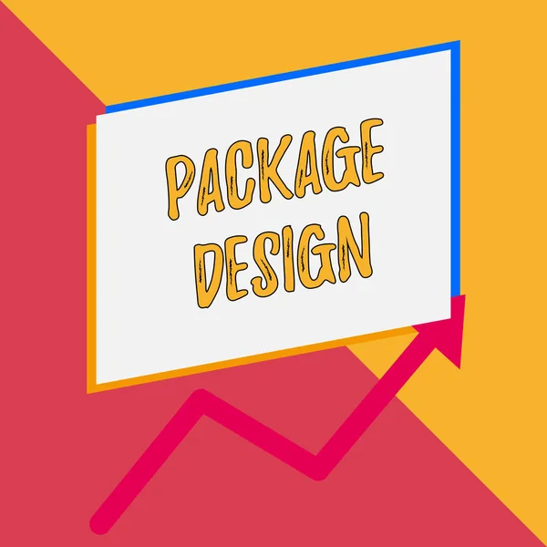 Conceptual hand writing showing Package Design. Business photo showcasing Strategy in creating unique product wrapping or container Blank rectangle above another arrow zigzag upwards sale. — Stock Photo, Image