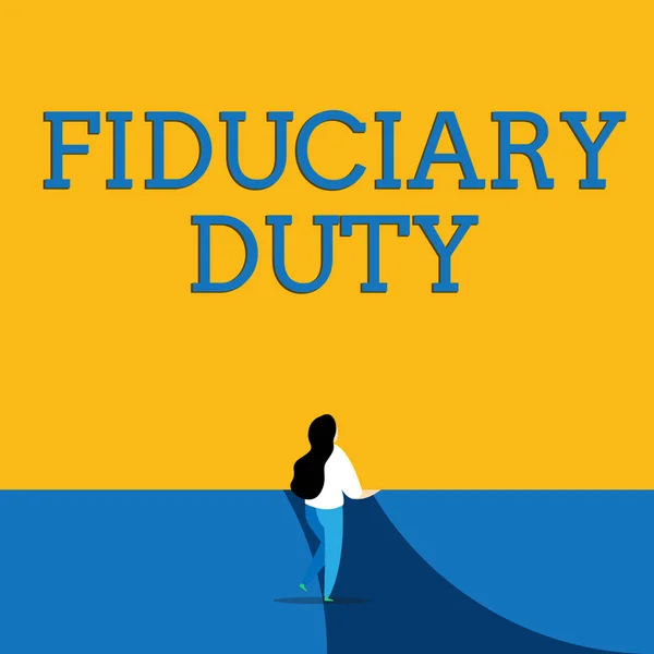 Conceptual hand writing showing Fiduciary Duty. Business photo text A legal obligation to act in the best interest of other Back view young long hair woman holding blank square announcement.