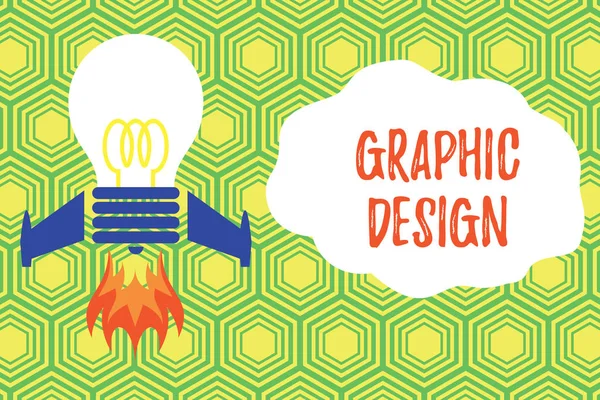 Escritura a mano de texto Diseño gráfico. Concepto que significa arte o habilidad de combinar texto e imágenes en anuncios Vista superior lanzamiento bombilla cohete base. Empezando un nuevo proyecto. Idea de combustible . — Foto de Stock