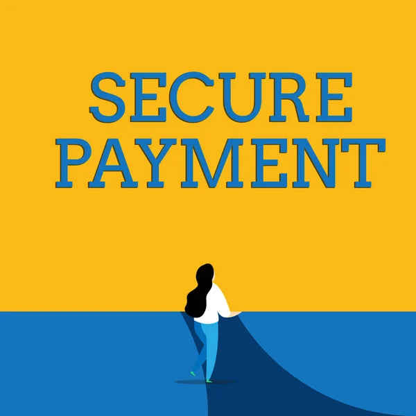 Conceptual hand writing showing Secure Payment. Business photo text Security of Payment refers to ensure of paid even in dispute Back view young long hair woman holding blank square announcement.