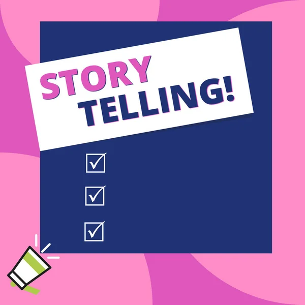 Word pisanie tekstu Storytelling. Koncepcja biznesowa dla działań pisania historie do publikowania ich do publicznego duży pusty kwadrat prostokąt trzymać powyżej małego megafon lewym dolnym rogu. — Zdjęcie stockowe