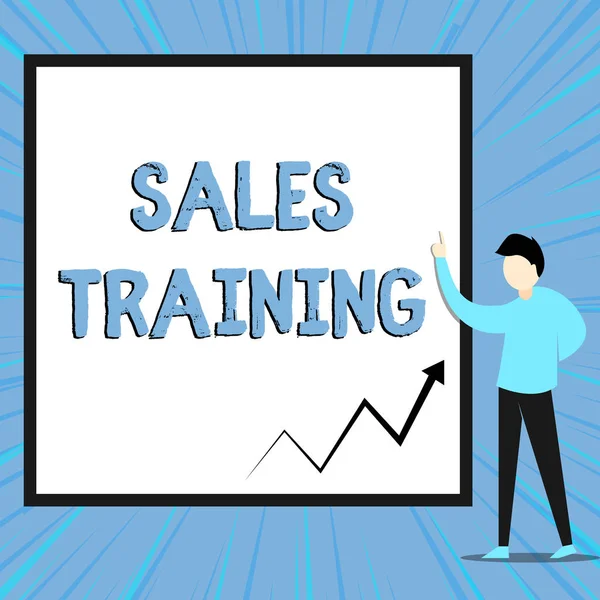 Word writing text Sales Training. Business concept for Action Selling Market Overview Personal Development View young man standing pointing up blank rectangle Geometric background.