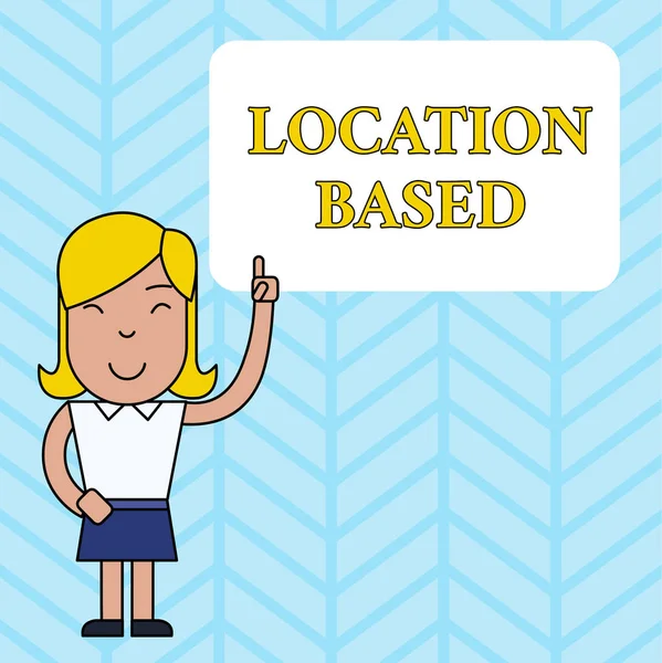 Conceptual hand writing showing Location Based. Business photo showcasing Mobile marketing to target users within same geographic area Woman Standing with Raised Left Index Finger Pointing at Box. — Stock Photo, Image