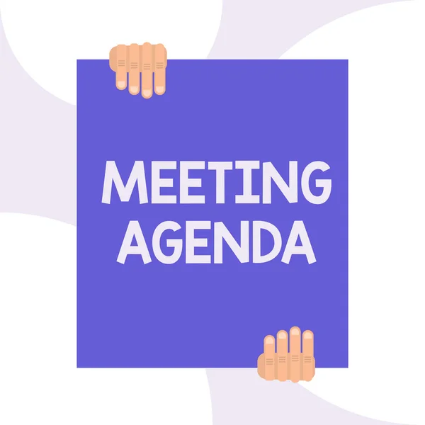 Handwriting text writing Meeting Agenda. Concept meaning An agenda sets clear expectations for what needs to a meeting Two hands holding big blank rectangle up down Geometrical background design.