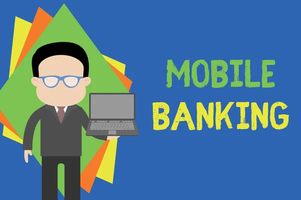 Text sign showing Mobile Banking. Conceptual photo Monitoring account balances Transferring funds Bill payment Standing man in suit wearing eyeglasses holding open laptop photo Art. — Stock Photo, Image