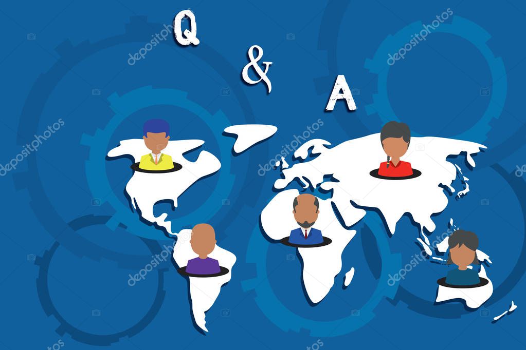 Writing note showing Q And A. Business photo showcasing defined as questions being asked and answers Connection multiethnic persons all Global business earth map.