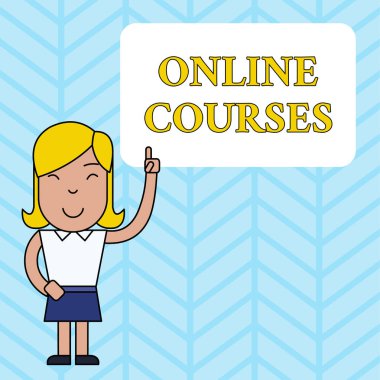 Online Dersleri gösteren kavramsal el yazısı. İş fotoğraf showcasing Devrim örgün eğitim Internet üzerinden Öğrenme Kadın Kutuda İşaret Yükseltilmiş Sol İşaret Parmağı ile Ayakta.