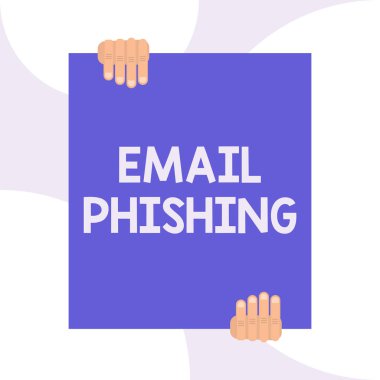 El yazısı metin yazma E-posta Phishing. Kavram anlamı Malware dağıtan web sitelerine bağlantı olabilecek e-postalar Geometrik arka plan tasarımında büyük boş dikdörtgen tutan iki el.