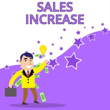 Satış Artış'ı gösteren metin işareti. Kavramsal fotoğraf Satışlarını artırmanın yollarını bularak işinizi büyütÜn Başarılı İşadamı veya Katip İyi Fikir Üreten veya Çözüm Bulma.