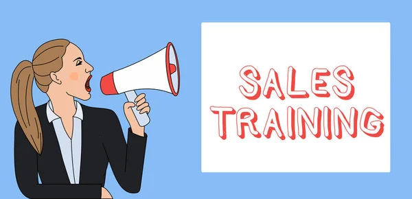 Writing note showing Sales Training. Business photo showcasing Action Selling Market Overview Personal Development Woman Jacket Ponytail Shouting into Loudhailer Rectangular Box.