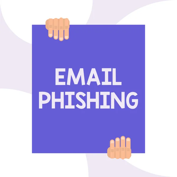 Escribir texto a mano Email Phishing. Concepto que significa correos electrónicos que pueden enlazar a sitios web que distribuyen malware Dos manos sosteniendo un rectángulo en blanco grande hacia abajo Diseño de fondo geométrico . — Foto de Stock