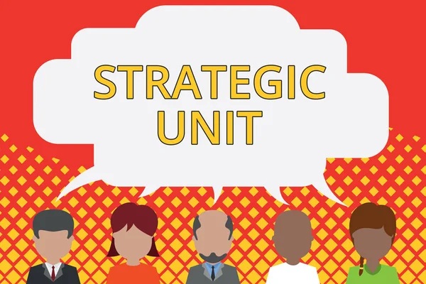 Word writing text Strategic Unit. Business concept for profit center focused on product offering and market segment. Five different races persons sharing blank speech bubble. People talking.