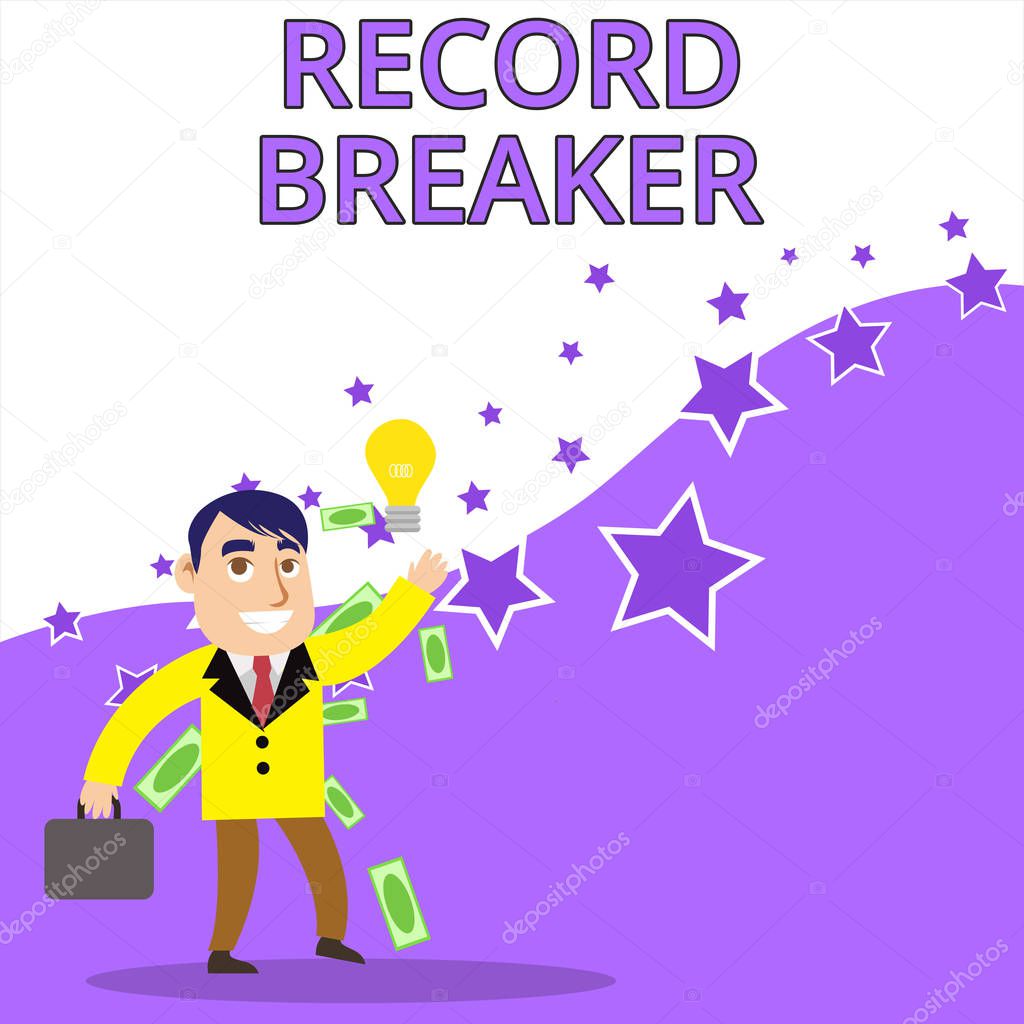 Text sign showing Record Breaker. Conceptual photo someone or something that beats previous best result Successful Businessman or Clerk Generating Good Idea or Finding Solution.